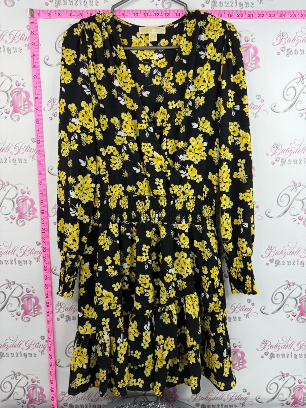 Michael Kors dress flowers V neck flowy Black Dress with Yellow Floral Print